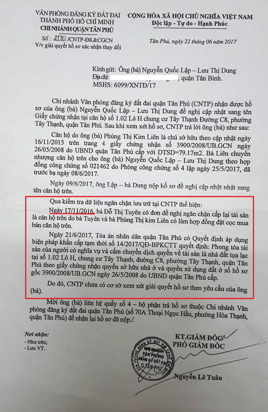 Văn bản của Văn phòng đăng ký đất đai quận Tân Phú trả lời ông Lập cho biết căn hộ vướng tranh chấp từ năm 2016