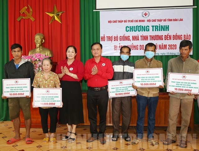 Ông Trần Trường Sơn – Ủy viên Ban Thường vụ Trung ương Hội - Chủ tịch Hội Chữ thập đỏ Thành phố HCM trao tiền hỗ trợ các gia đình mua bò giống