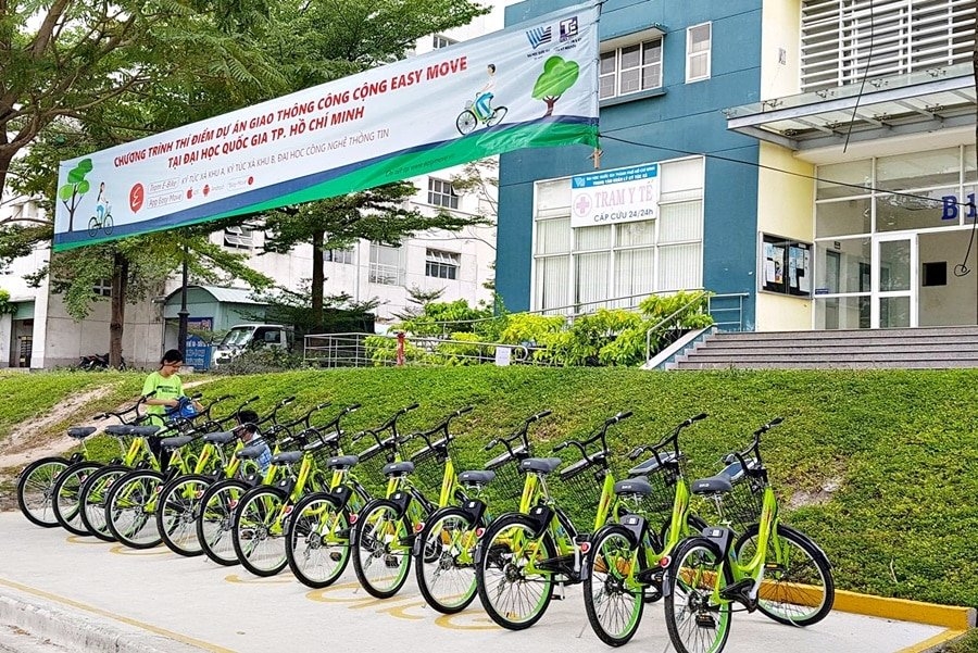Xe đạp công cộng thuộc dự án xe đạp thông minh E-bike, thử nghiệm ở khu Đại học Quốc gia TP HCM, năm 2018 (Ảnh: Trang tin thành ủy TP HCM)