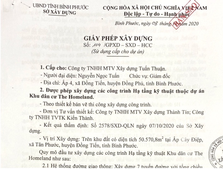 Quyết định của sở Xây dựng Bình Phước ghi rõ cấp phép xây dựng cho dự án Khu dân cư The Homeland nhưng đơn vị phát triển vẫn bất chấp quảng cáo là dự án Prime City.