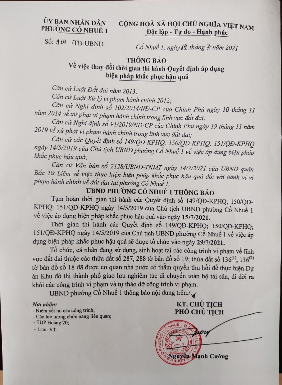 Tạm hoãn tháo dỡ các công trình vi phạm tại Khu đô thị thành phố giao lưu