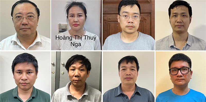 Các bị can lần lượt từ trái sang phải, từ trên xuống dưới: Phan Huy Anh Vũ; Hoàng Thị Thúy Nga; Nguyễn Quang Minh; Nguyễn Tiến Thu; Hoàng Thế Quỳnh; Nguyễn Công Tiến; Ninh Văn Sinh; Vũ Quang Ngọc.