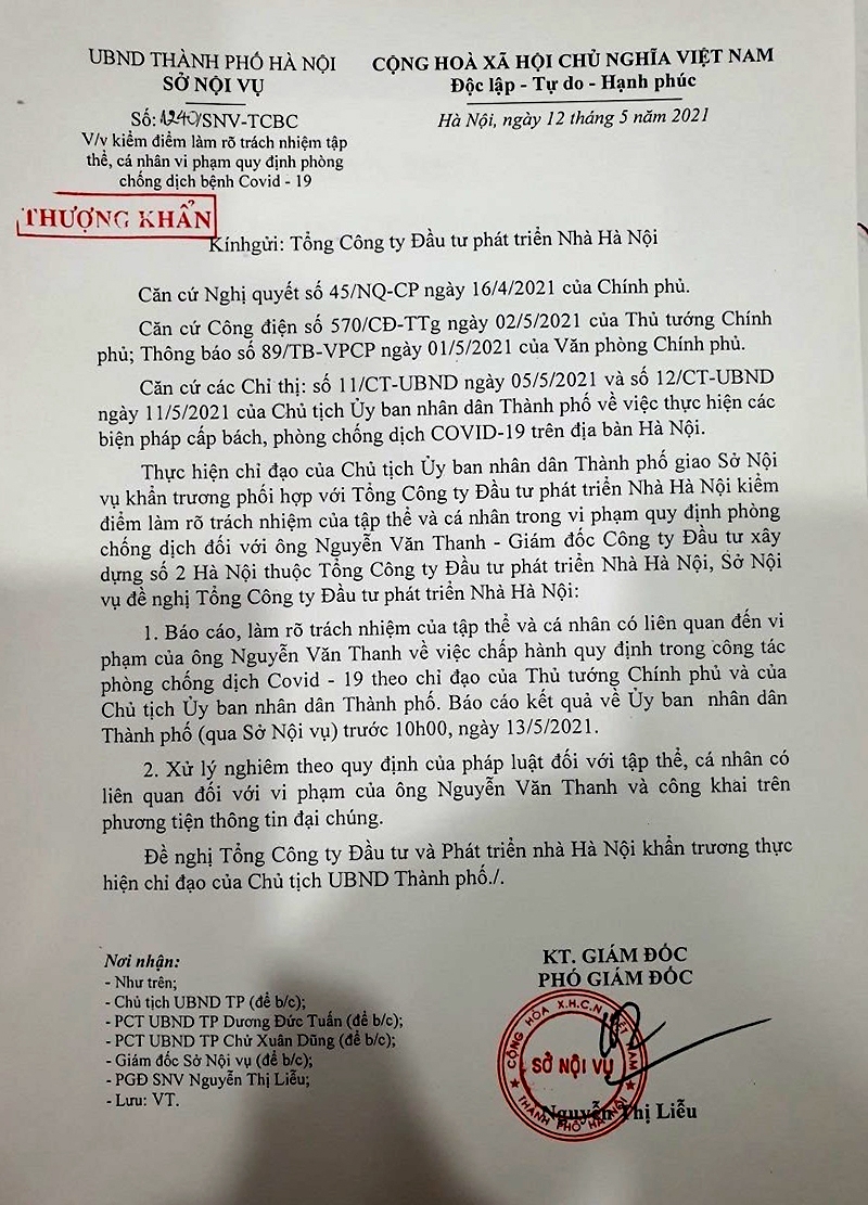 Văn bản yêu cầu làm rõ trách nhiệm ông Nguyễn Văn Thanh - Giám đốc Hacinco thực hiện quy định phòng chống dịch Covid-19 của Sở Nội vụ Hà Nội