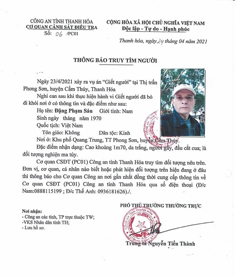 Thông báo truy tìm Đặng Phạm Sáu của Công an tỉnh Thanh Hoá