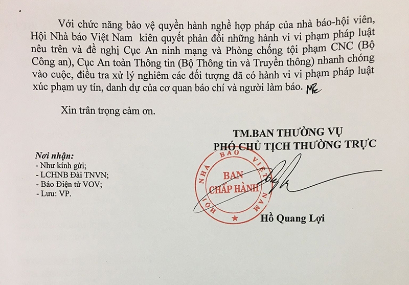 Công văn của Hội Nhà báo Việt Nam đề nghị các cơ quan chức năng điều tra, xử lý nghiêm đối tượng tấn công nền tảng kỹ thuật của Báo Điện tử VOV