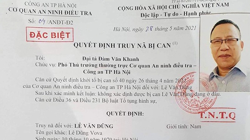 Quyết định truy nã đặc biệt bị can Lê Văn Dũng (Lê Dũng Vova)