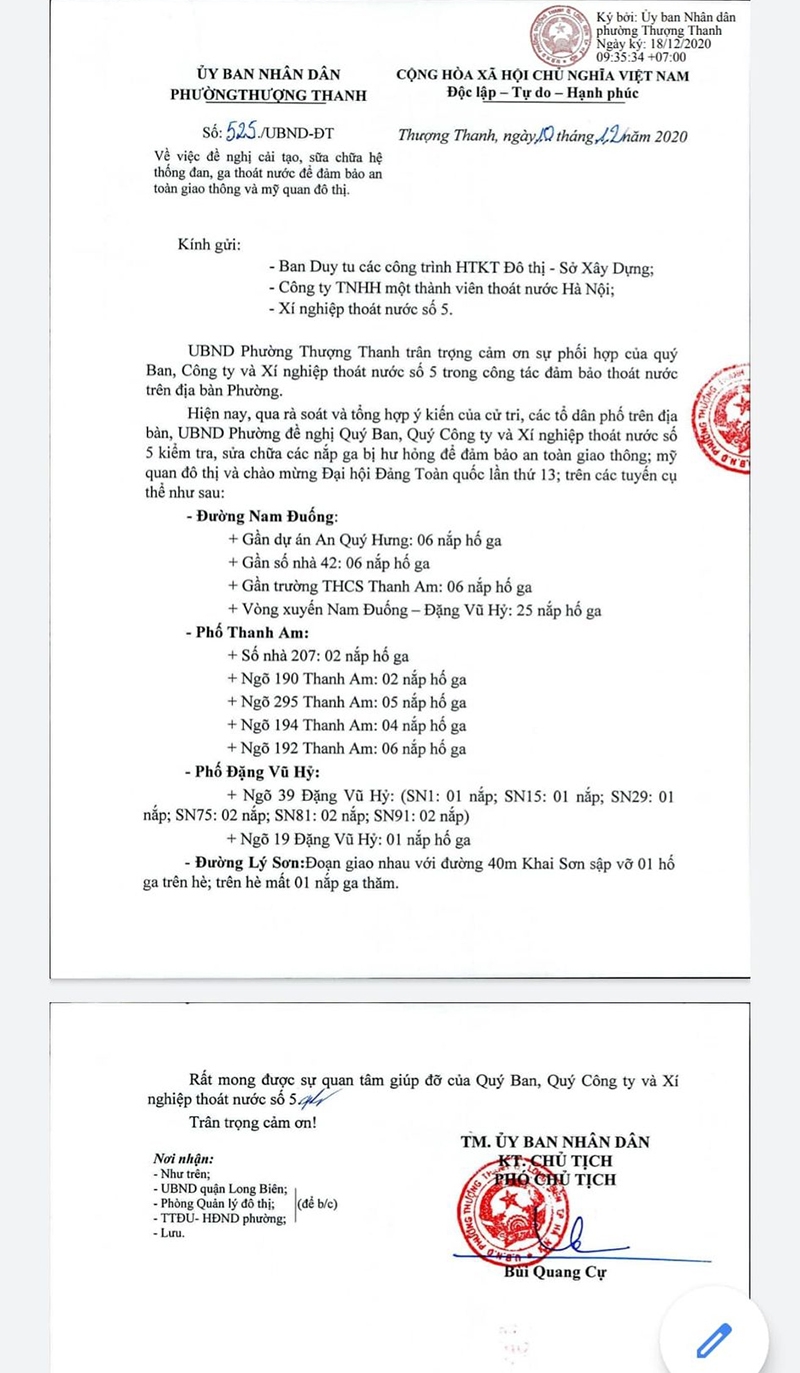 Văn bản của UBND phường Thượng Thanh đề nghị lắp đặt nắp hố ga ngày 10/12/2020