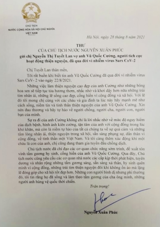 Chủ tịch nước gửi thư động viên đến vợ anh Vũ Quốc Cường