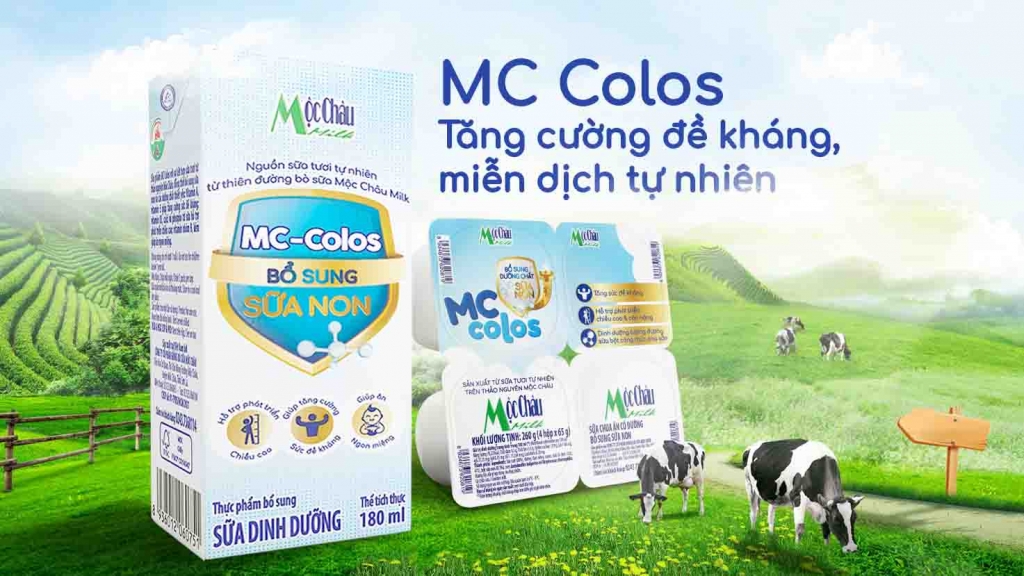 Sản phẩm Sữa dinh dưỡng và Sữa chua dinh dưỡng MC Colos bổ sung sữa non, vitamin và khoáng chất thiết yếu nhằm giúp trẻ tăng cường đề kháng