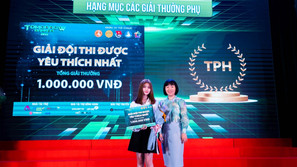 TS. Phạm Thu Thuỷ (Phó trưởng Khoa Ngân hàng - Học viện Ngân hàng) trao giải Đội thi được yêu thích nhất cho đội TPH đến từ Học viện Ngân Hàng