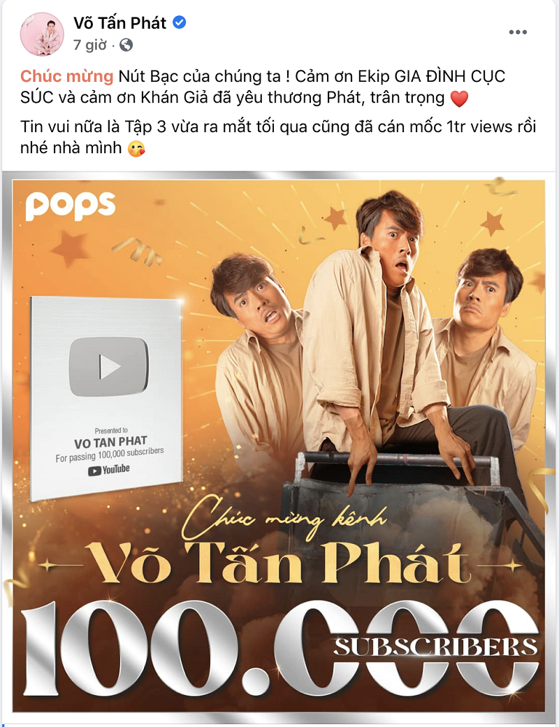 Sau 12 giờ phát hành, Tập 3 thu hút hơn 1 triệu lượt view, giúp Võ Tấn Phát “ẵm”ngay nút bạc YouTube