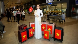 Đoàn Hồng Trang diện áo dài trắng tinh khôi lên đường dự thi Miss Global 2022