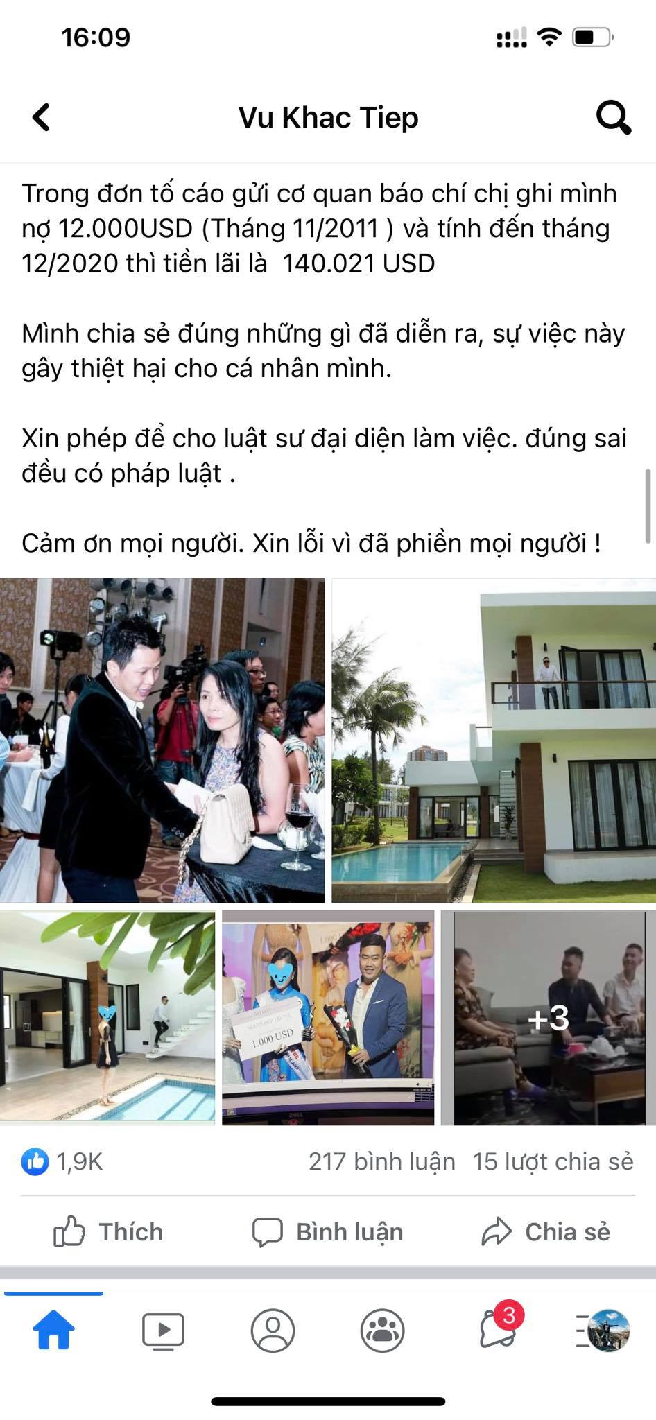 Lời Vũ Khắc Tiệp viết trên trang cá nhân