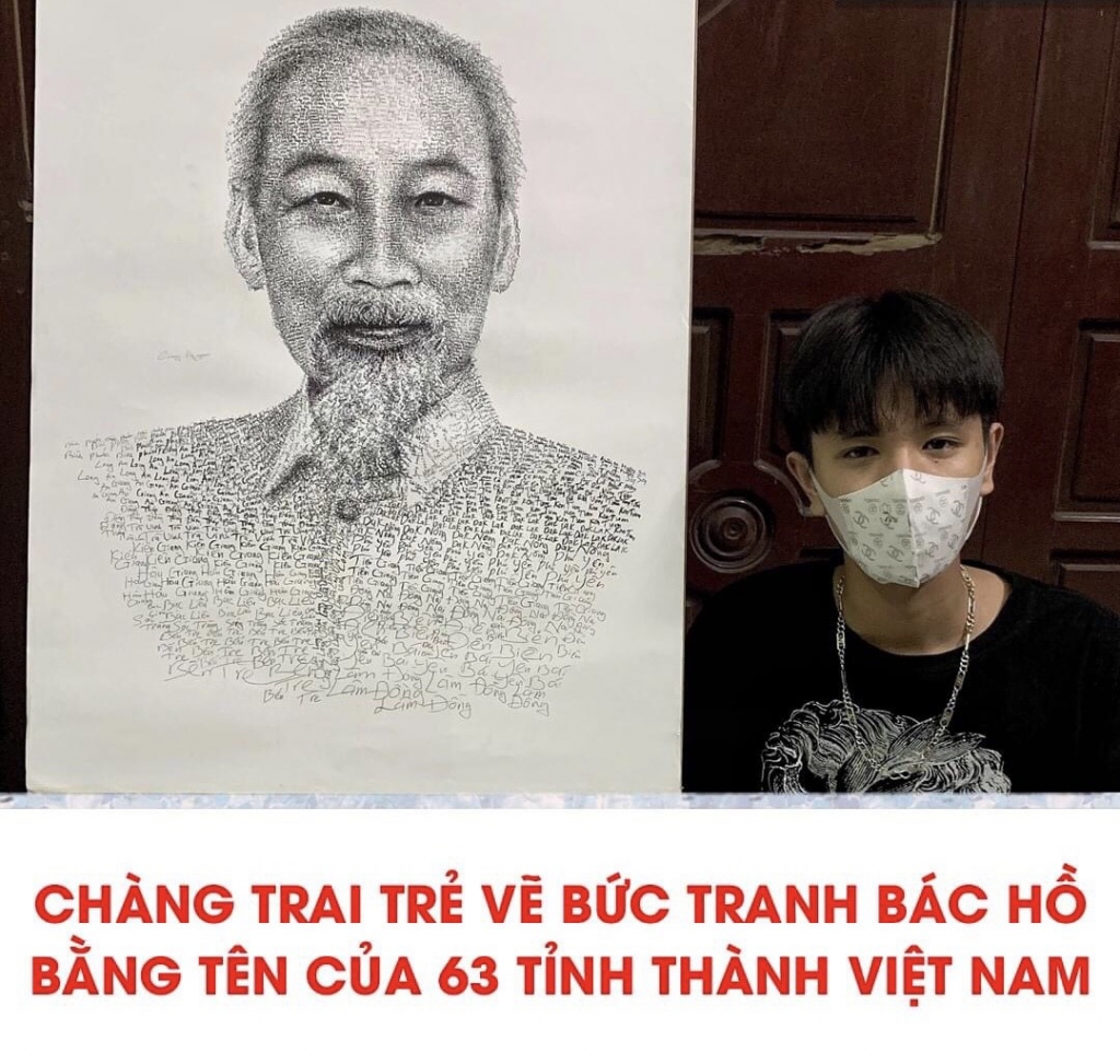 Chàng trai trẻ Nguyễn Văn Cường vẽ bức tranh Bác Hồ bằng tên của 63 tỉnh thành tại Việt Nam