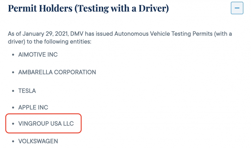 “Vingroup USA LLC” nằm trong danh sách được cấp Chứng chỉ thử nghiệm xe tự lái vào ngày 29/1/2021