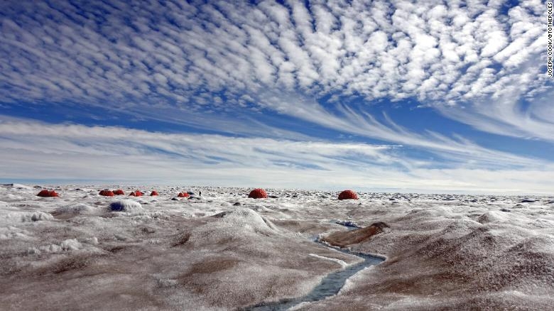 Tảo làm biến màu dải băng ở Greenland. Sắc tố này lại làm cho băng nóng lên và tan chảy nhanh hơn (Ảnh: CNN)