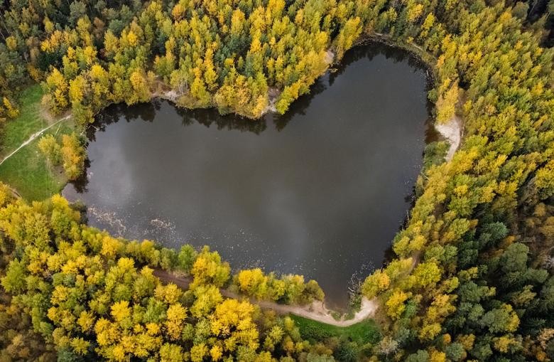 Hồ nước hình trái tim được bao quanh bởi những tán cây lá vàng ở Balashikha, vùng Moscow, Nga, ngày 4/10