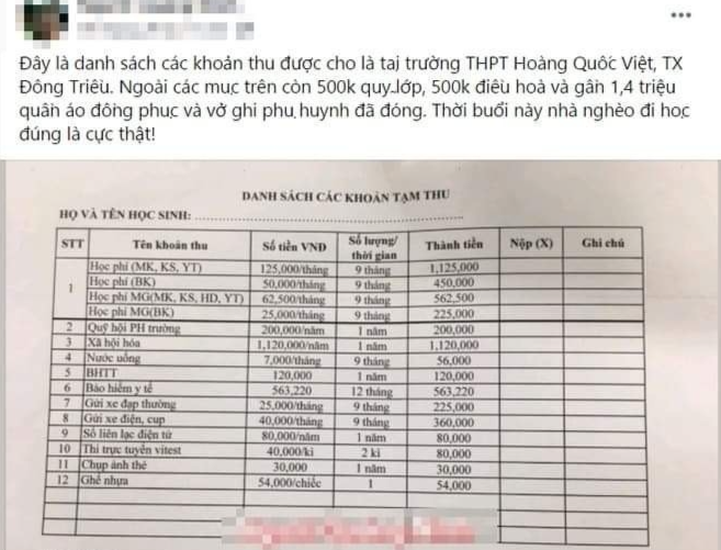 Trên một số mạng xã hội đưa tin 12 khoản thu cùng chú thích được cho là tại trường THPT Hoàng Quốc Việt (địa chỉ tại thị trấn Mạo Khê, tỉnh Quảng Ninh) cần được xác minh làm rõ. 
