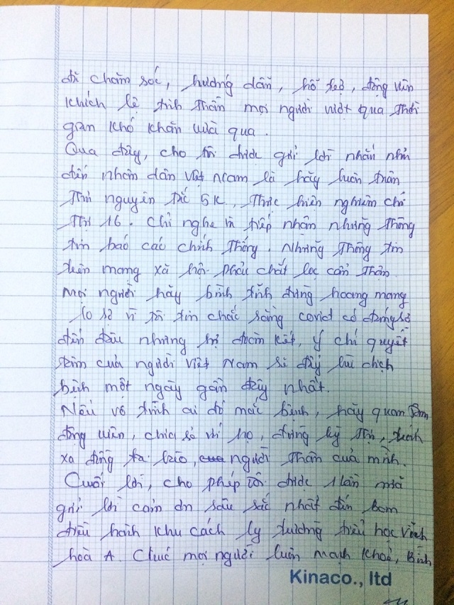 Thư của một cô giáo trong một bứ gửi các thành viên trong Ban điều hành khu cách ly Trường tiểu học Vĩnh Hòa A.