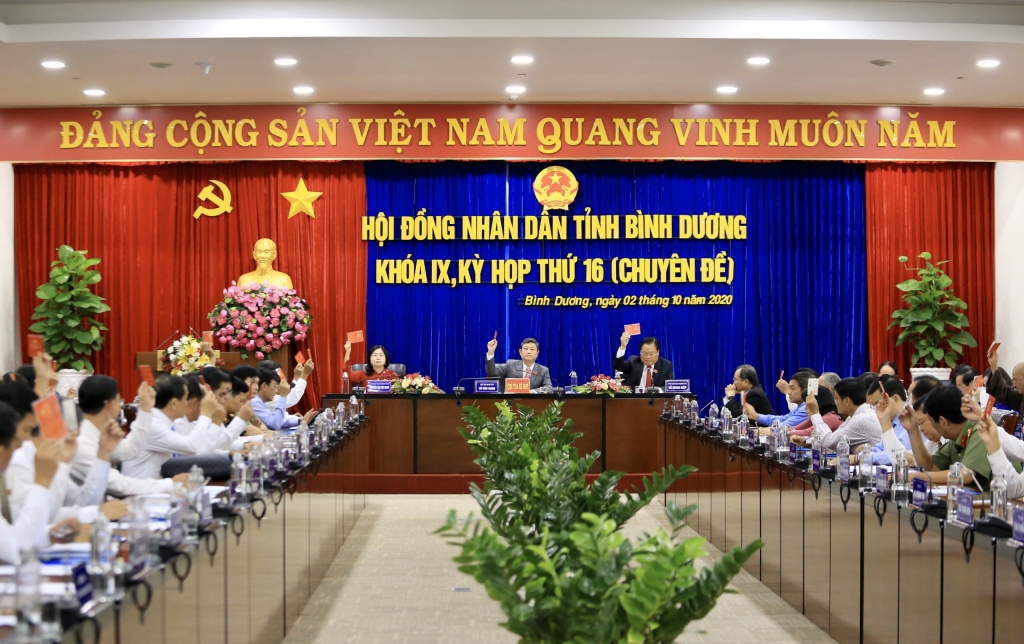 Các đại biểu biểu quyết miễn nhiệm và bổ sung chức danh Ủy viên UBND tỉnh Bình Dương khóa IX, nhiệm kỳ 2016-2021. 