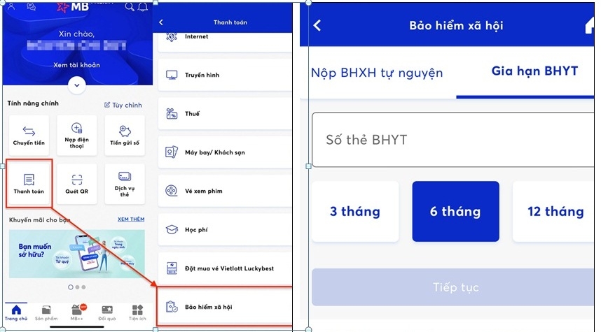 Cách đóng tiếp BHXH tự nguyện, gia hạn thẻ BHYT qua ứng dụng trực tuyến của ngân hàng