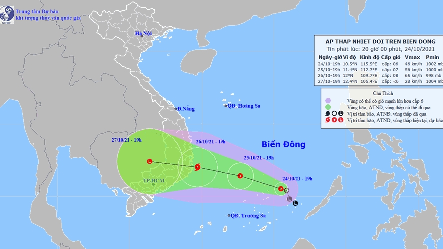 Vùng áp thấp trên biển Đông đã mạnh lên thành áp thấp nhiệt đới