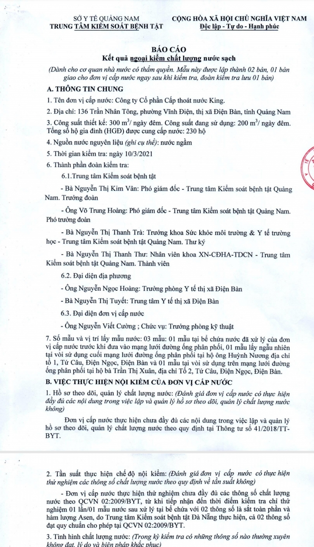 Quảng Nam: Công ty King không công khai, báo cáo chất lượng nước sạch theo quy định