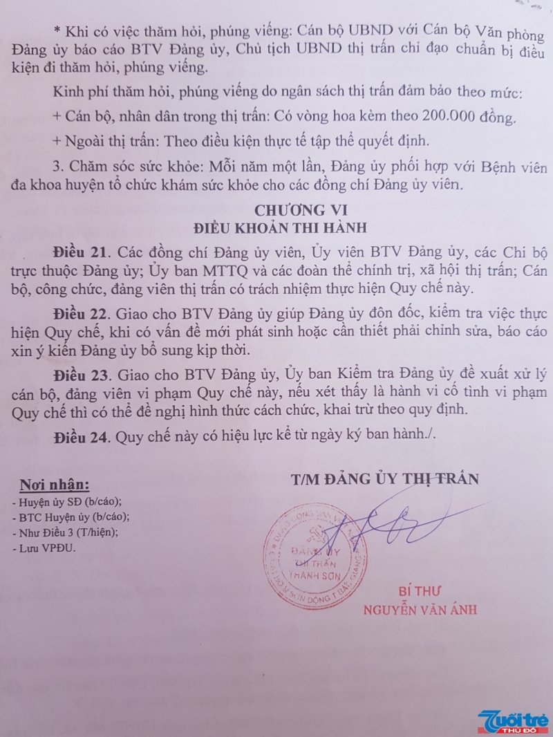 Với các khoản chi từ 10 triệu đồng trở lên thì Chủ tịch UBND Thị trấn Thanh Sơn phải báo cáo Đảng ủy để thảo luận thống nhất trước khi chi
