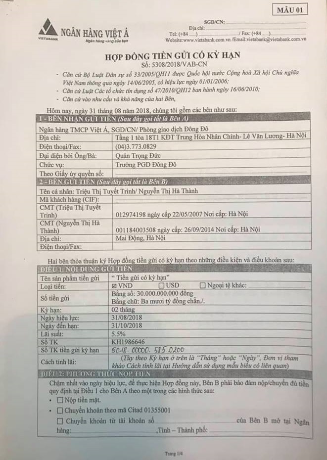 Hợp đồng tiền gửi được cho là của bà Triệu Thị Tuyết Trinh với VietABank.