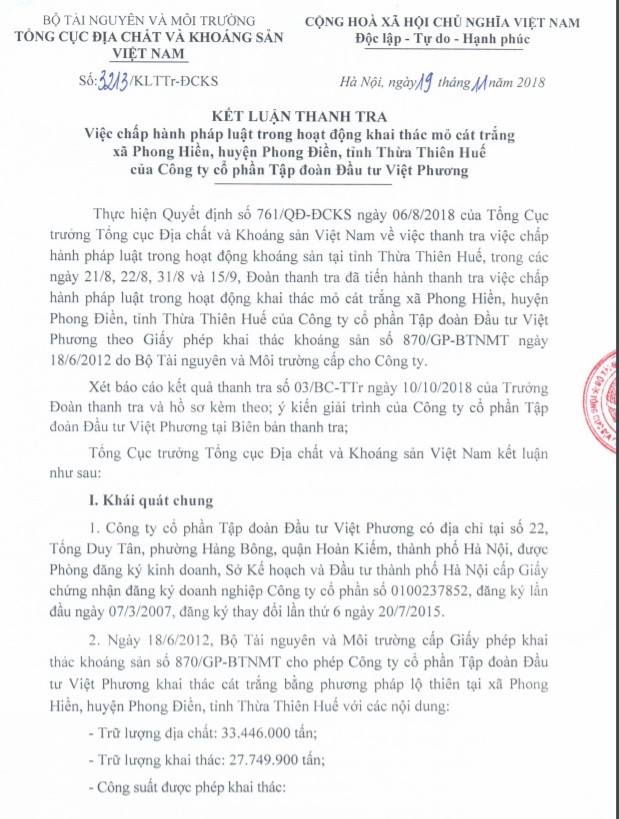 Kết luận thanh tra của Tổng cục Địa chất và Khoáng sản Việt Nam (Bộ Tài nguyên và Môi trường).