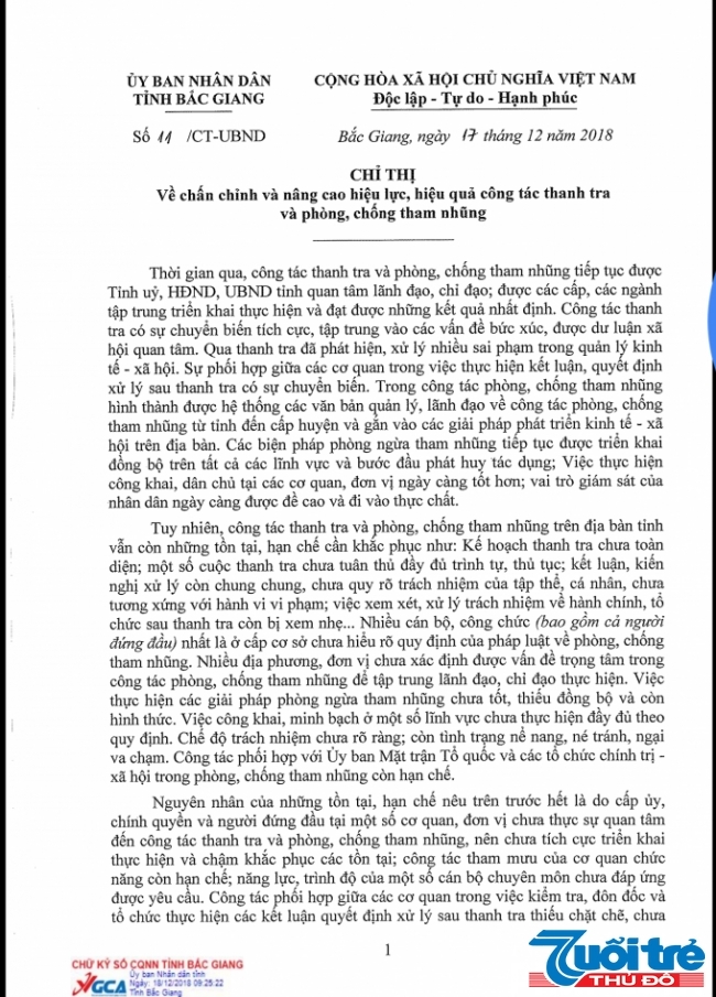 Chủ tịch UBND tỉnh Bắc Giang ra Chỉ thị xử lý nghiêm các tập thể, cá nhân vi phạm và có dấu hiệu tham nhũng.