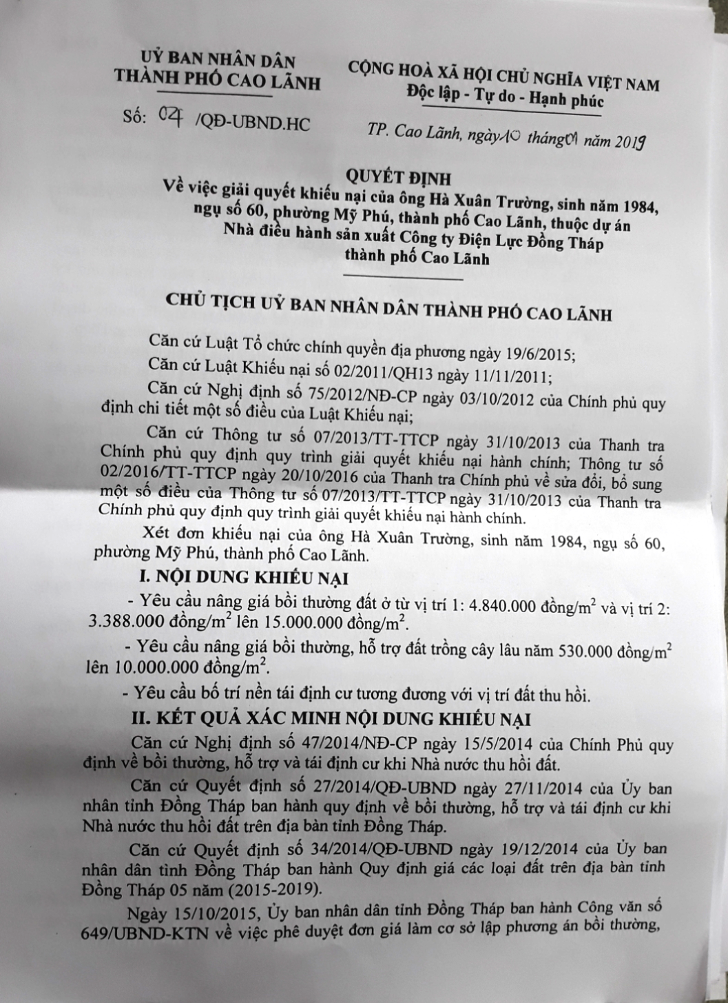 Quyết định số 04/QĐ-UBND.HC về việc giải quyết khiếu nại của hộ Hà Xuân Trường (phường Mỹ Phú, TP Cao Lãnh) liên quan tới Dự án NĐH – SX.