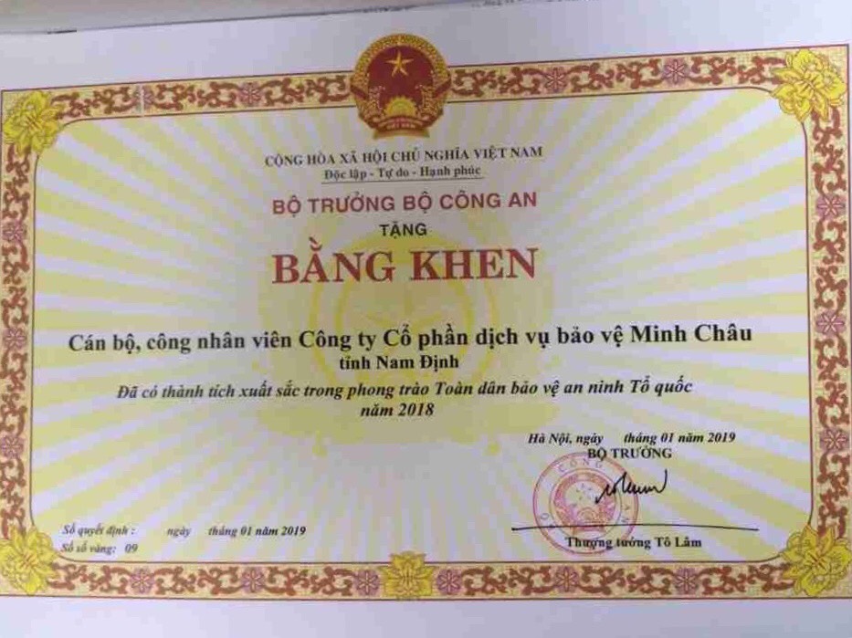 Bằng khen Bộ trưởng Bộ Công an dành tặng Công ty CP dịch vụ bảo vệ Minh Châu