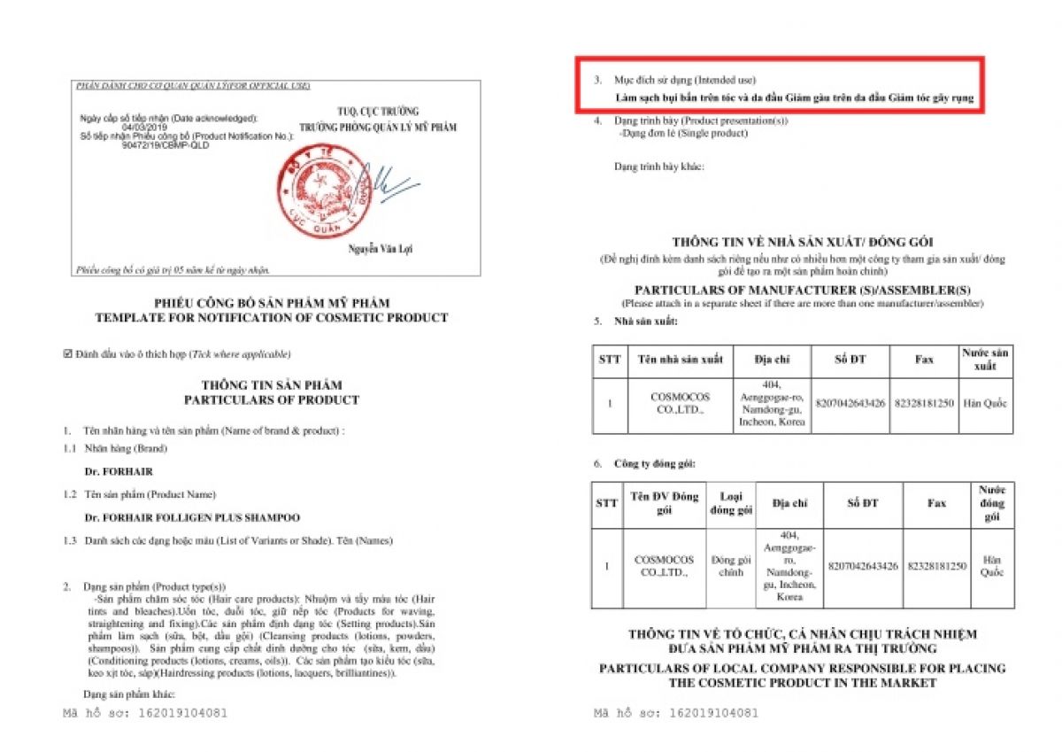 Phiếu công bố sản phẩm chỉ có mục đích là “Làm sạch bụi bẩn trên tóc và da đầu, giảm gàu trên da đầu, giảm tóc gãy rụng”