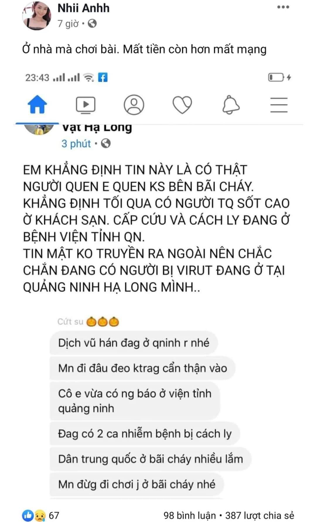 Thông tin thất thiệt về ca nhiễm vi rút corona ở Hạ Long được chia sẻ chóng mặt trên mạng xã hội facebook( Ảnh chụp màn hình)