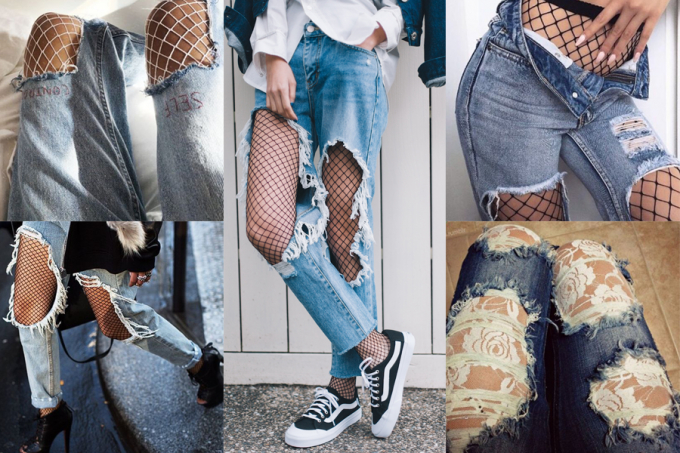 Jeans rách và tất lưới - công thức mix đồ hot nhất hiện nay