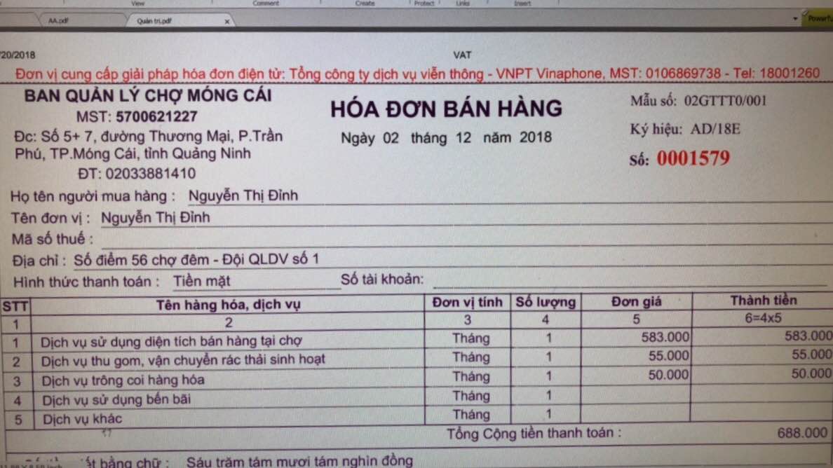 Một hóa đơn điện tử được áp dụng tại Chợ Móng Cái