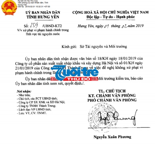 Văn bản UBND tỉnh Hưng Yên giao Sở Tài nguyên và Môi trường kiểm tra, báo cáo đề nghị không xử phạt của Công ty CP sản xuất xuất nhập khẩu và xây dựng Hà Nội; Công ty TNHH Thành Trung.