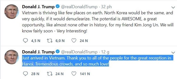 Tổng thống Mỹ Donald Trump cảm ơn Việt Nam vì sự đón tiếp nồng hậu