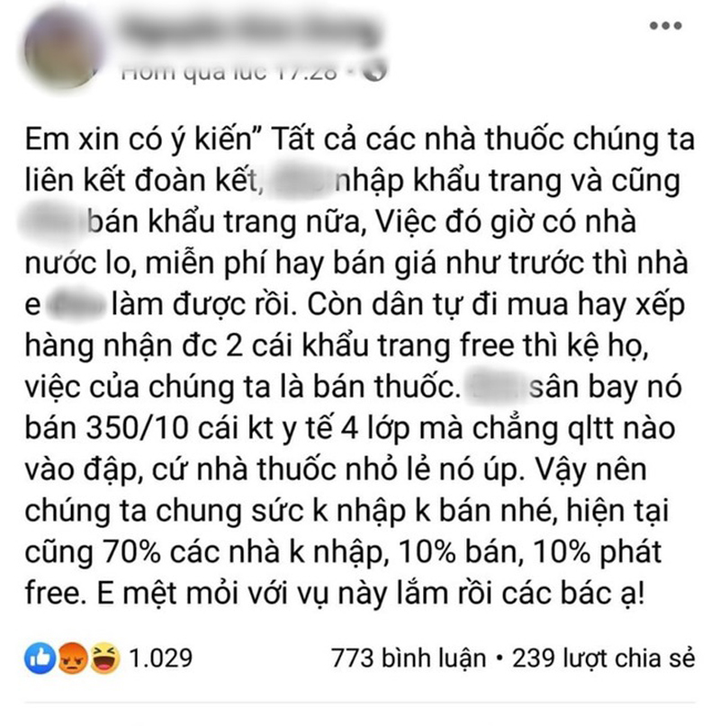 Thông tin lan truyền trên mạng cho rằng tiểu thương không nhập khẩu trang bán cho dân để tránh phiền phức