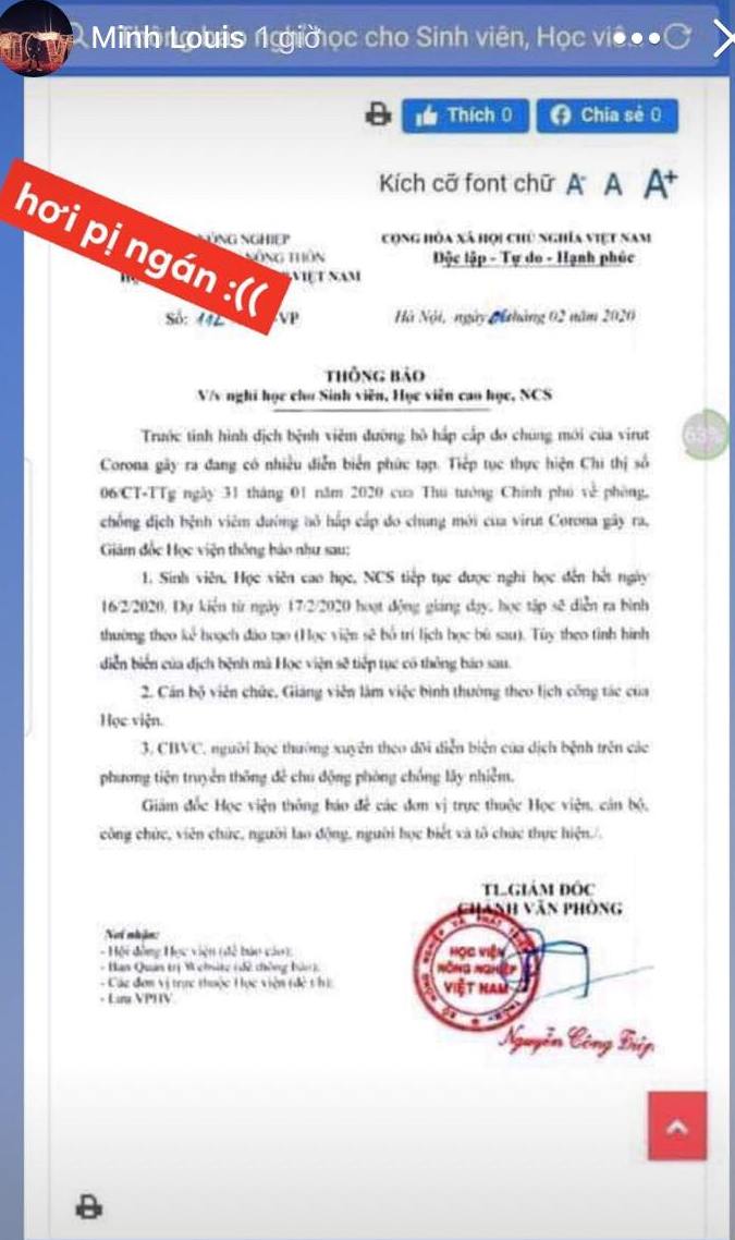 Trên bản tin của mình, nick name Minh Louis cũng đưa hình ảnh công văn thông báo nghỉ học kèm theo dòng chữ “hơi pị ngán”…