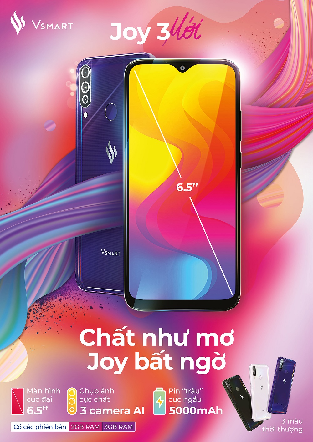 VSM Joy3: Trong 3 ngày đầu mở bán (14/2-16/2/2020), Vsmart Joy 3 sẽ được bán với mức giá đặc biệt chỉ từ 1.990.000 đồng cho phiên bản RAM 2GB.