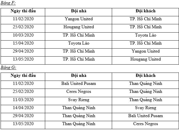 Lịch thi đấu vòng bảng của CLB Thành phố Hồ Chí Minh và Than Quảng Ninh.