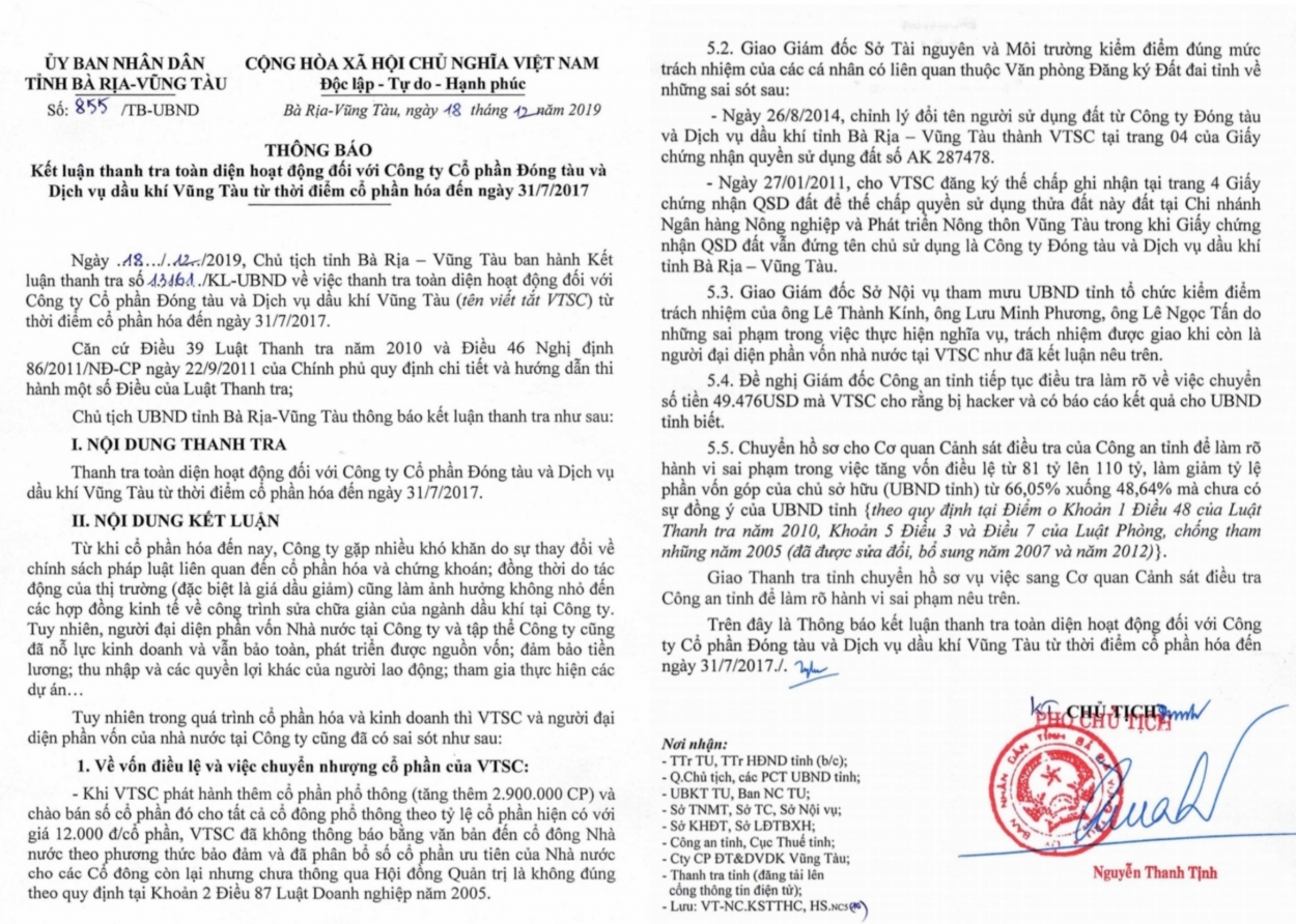 Thông báo kết luận thanh tra của UBND tỉnh Bà Rịa - Vũng Tàu chỉ ra hàng loạt sai phạm nghiêm trọng của công ty VTSC