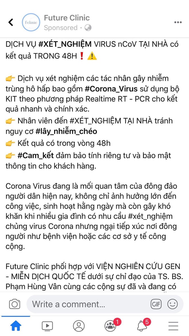 Phòng khám Future Clinic quảng cáo dịch vụ xét nghiệm nCoV trên mạng xã hội vừa bị Thanh tra Sở Y tế TP HCM “tuýt còi”