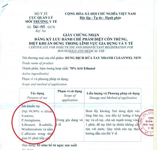 Giấy chứng nhận đăng ký lưu hành chế phẩm diệt côn trùng, diệt khuẩn dùng trong lĩnh vực gia dụng và y tế do Cục Quản lý môi trường y tế (Bộ Y tế) cấp