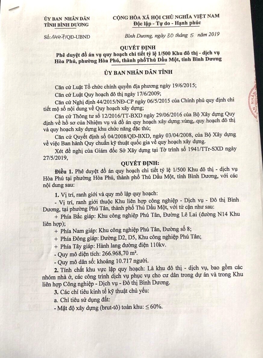 Quyết định phê duyệt tỷ lệ 1/500 dự án Khu đô thị dịch vụ Hòa Phú của của UBND tỉnh Bình Dương cho công ty Nam Kim