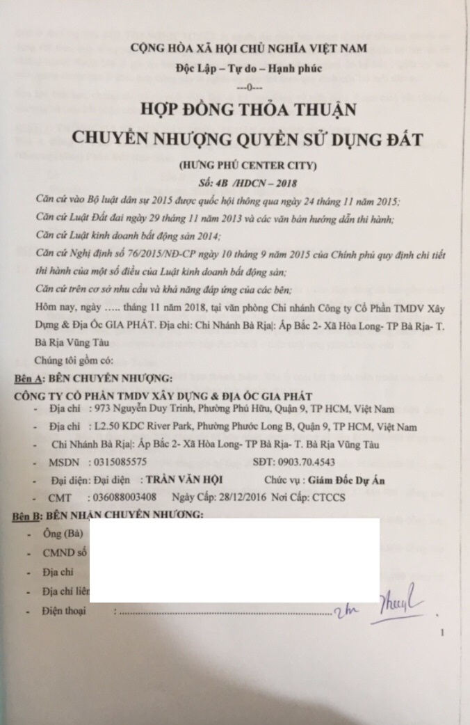 Hợp đồng mua bán đất liên quan tới dự án do Hưng Phú Group vẽ trên đất quy hoạch thương mại dịch vụ