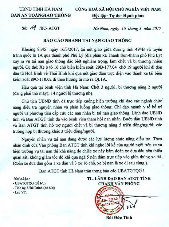 Vụ xe đi đám cưới bị tai nạn ở Hà Nam: Con số thương vong chính thức là 19 người