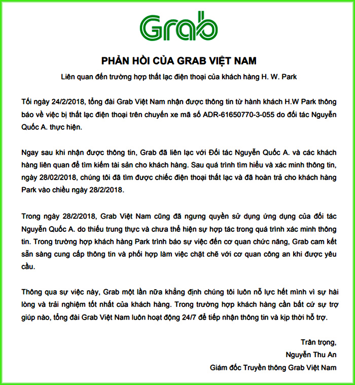 Thông tin tiếp vụ tài xế Taxi Grab có “chiếm đoạt” tài sản của khách nước ngoài?
